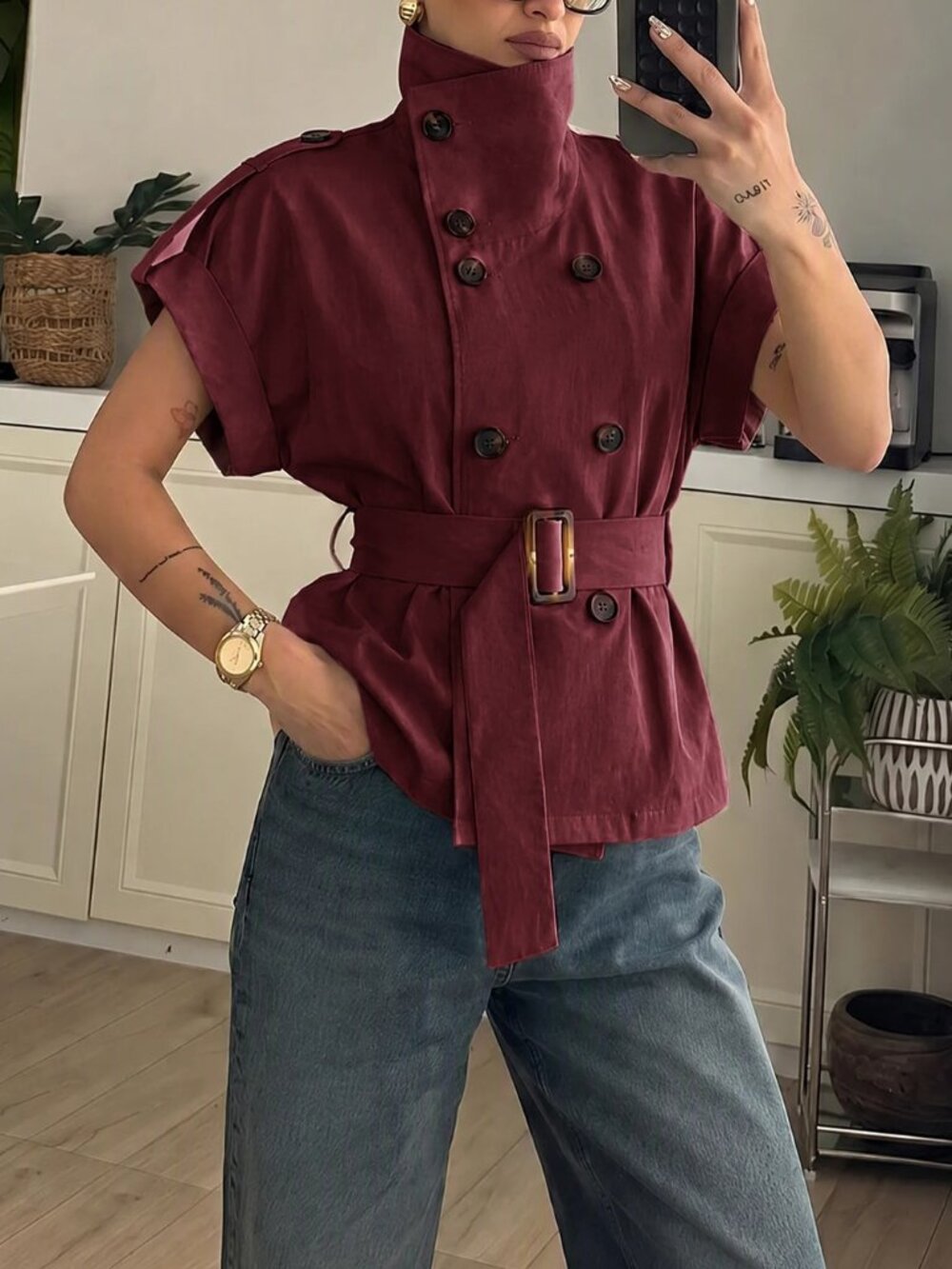 Burgundy Elegant Women's Short Sleeve Loose High Neck Cinched Waist Trench Coat